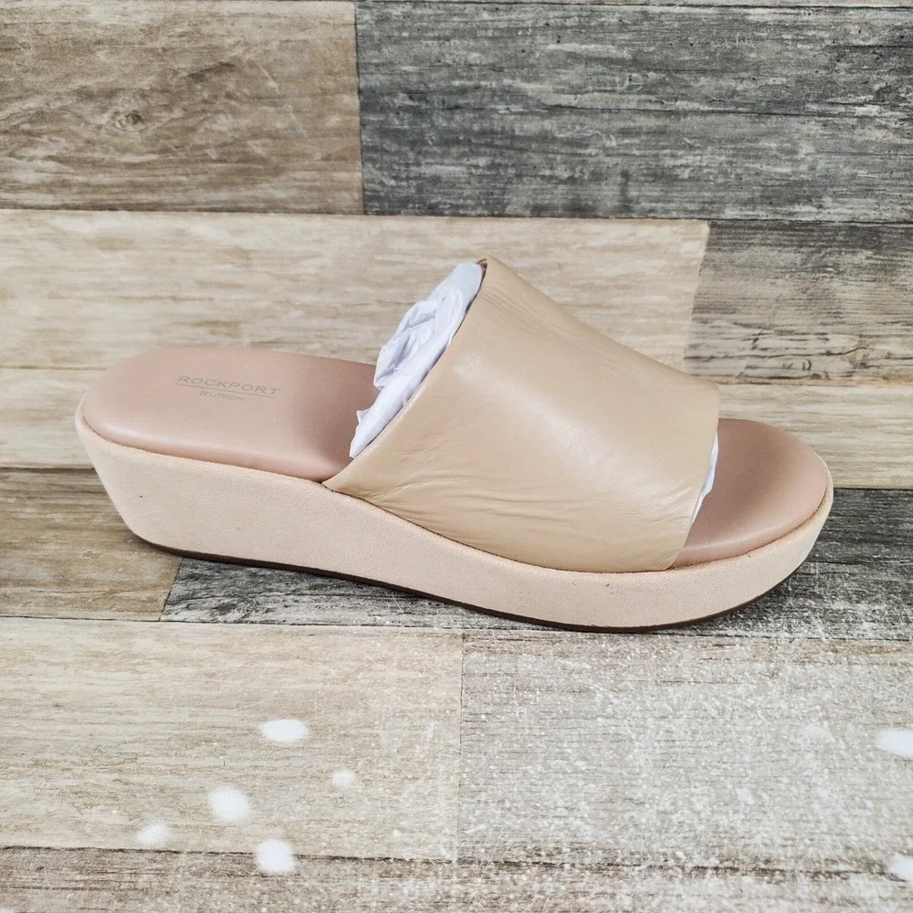 Rockport Aubriella Womens Sandals Sz‎ 10 M Neutral Beige Leather Slip On Slide